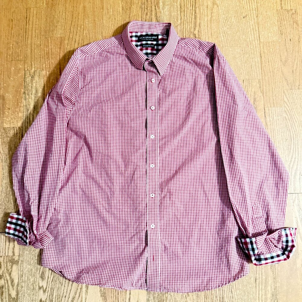 Nick Graham Shirt Mens 2XL Burgundy white Modern Fit Long Sleeve Button Down